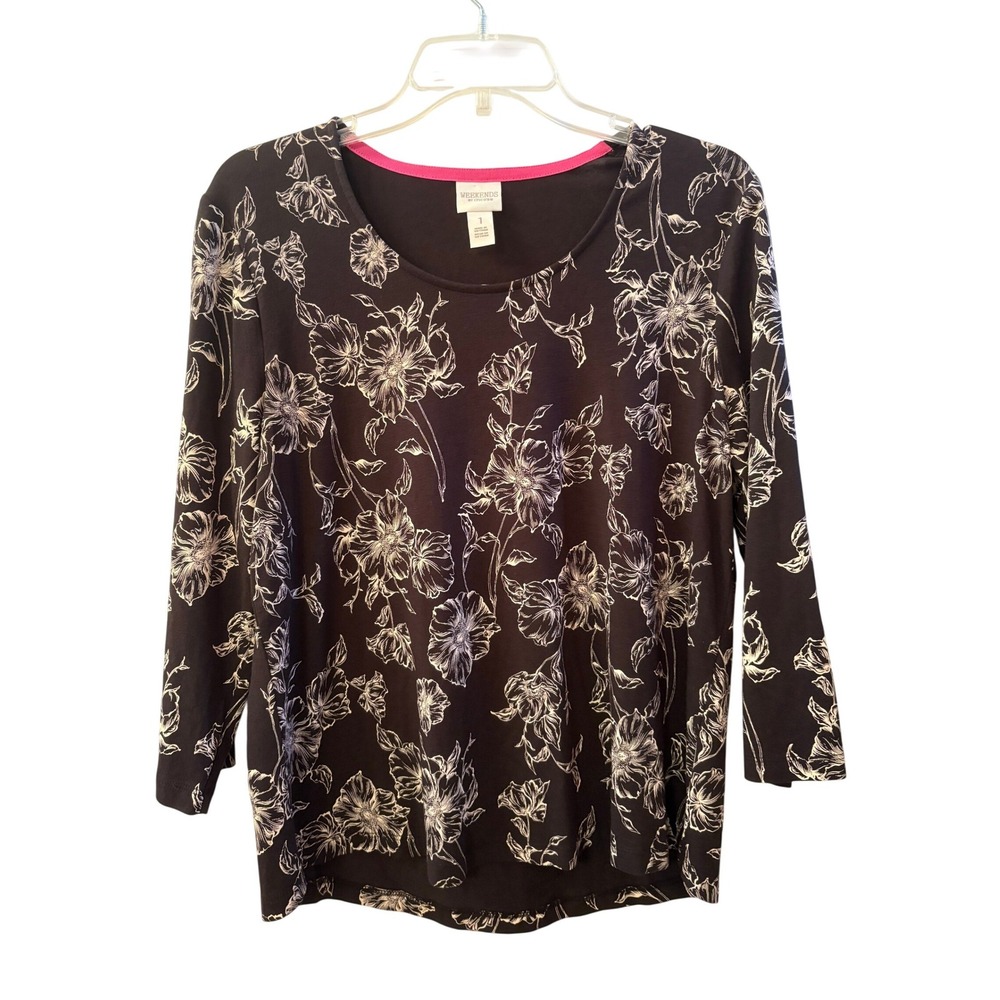 Chicos Weekends Black White Floral Print 3/4 Sleeve Top Size 1 Medium
